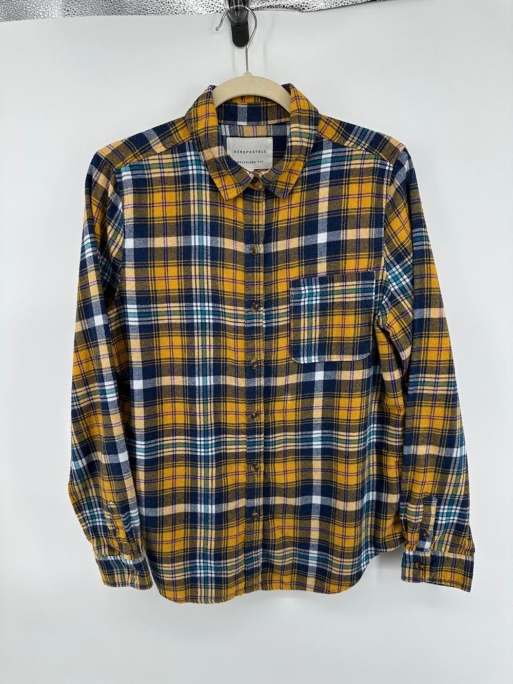 Aeropostale Heritage Barncore Rustic Art Yellow/Navy Plaid Button-Down Shirt SzM